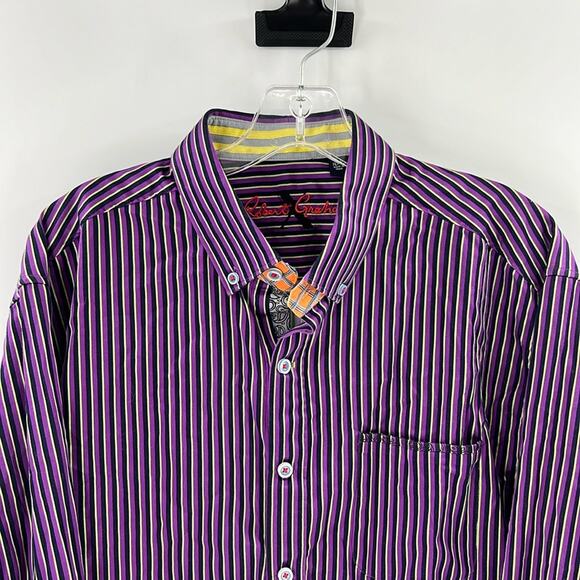 Robert Graham X Men's LS Stripe Button Front Shirt - Purple/Black/Lime - XL - Picture 1 of 7
